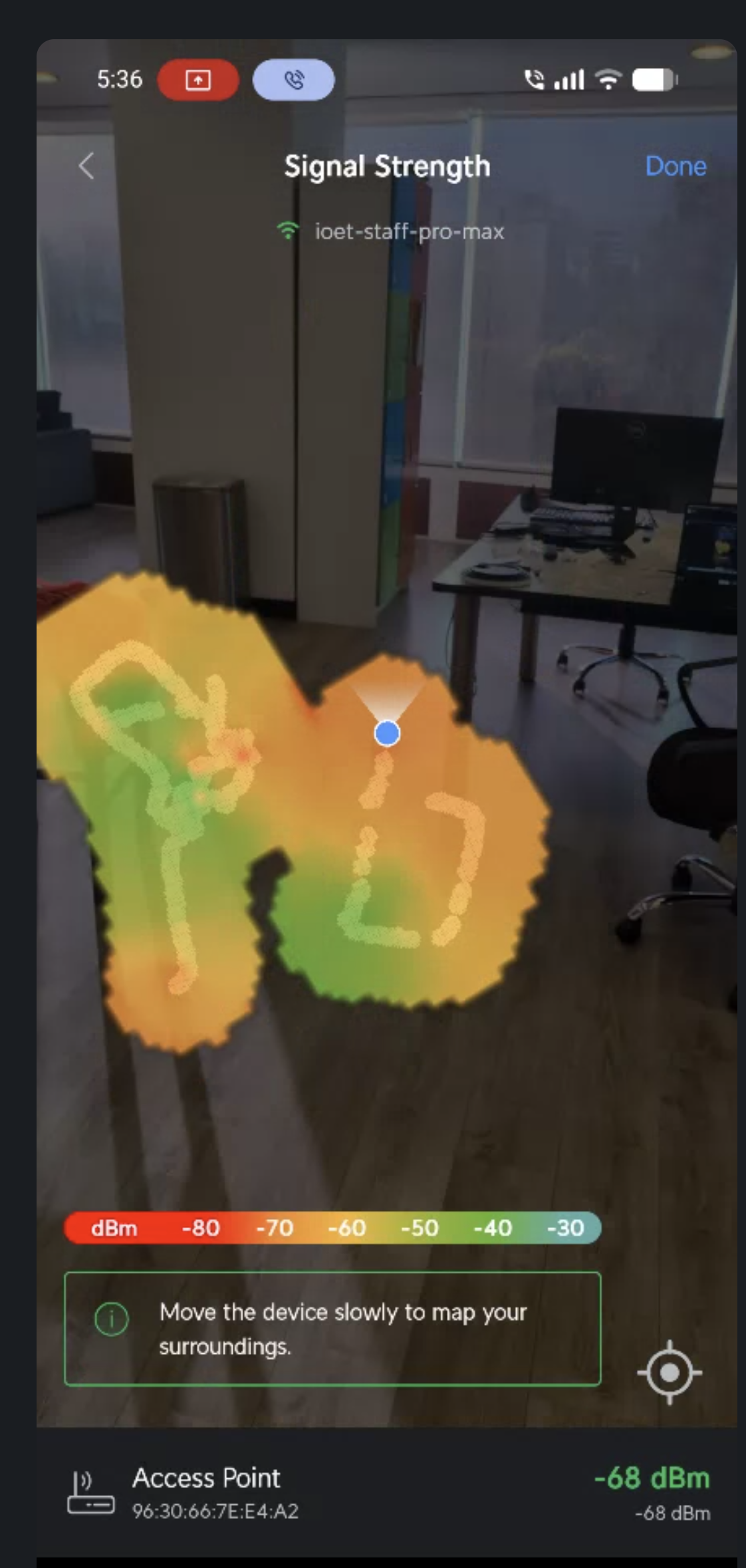 WiFiMan AR signal strength scan showing heatmap overlay on real office